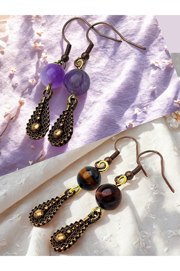 Amethyst & Tiger Eye Natural Stone 2-Piece Earring Set - Natural Stone Bijoux Women's Earring Set