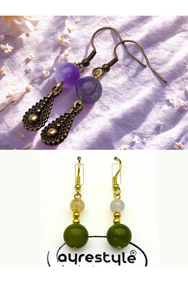 Amethyst & Jade & Citrine Natural Stone 2-Piece Earring Set - Natural Stone Bijoux Women's Earring Set