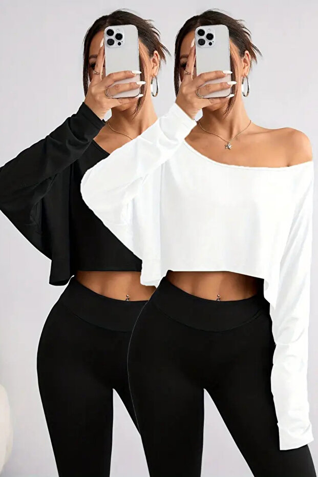 White - Black 2-Piece Women's Off Shoulder Boat Neck Oversize Long Sleeve Crop T-Shirt