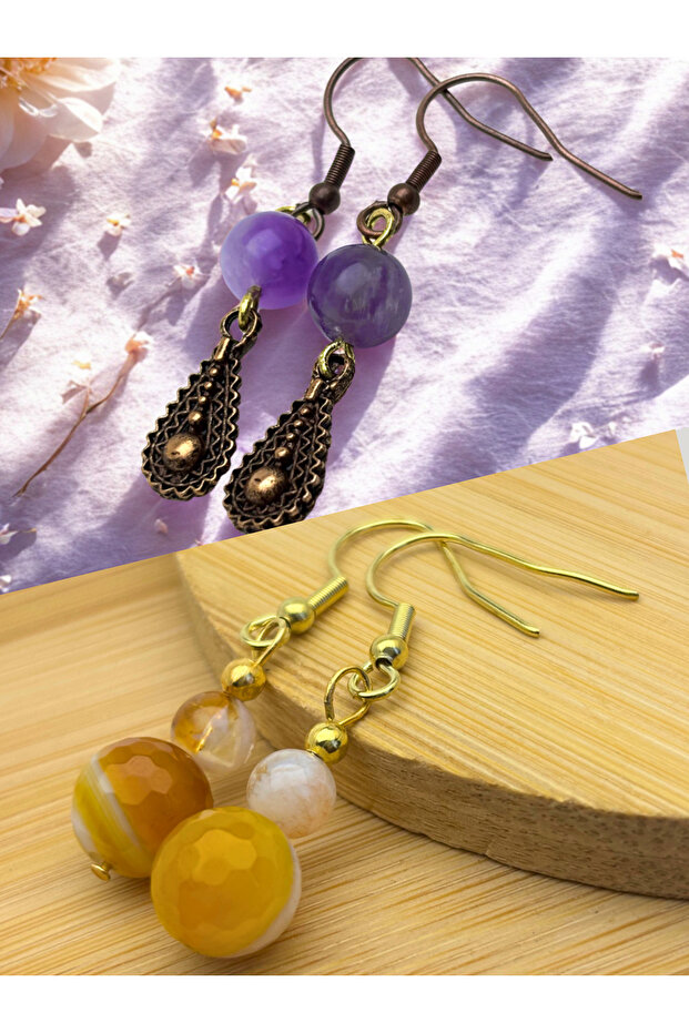Amethyst & Carnelian & Citrine Natural Stone 2-Piece Earring Set - Natural Stone Bijoux Women's Earring Set