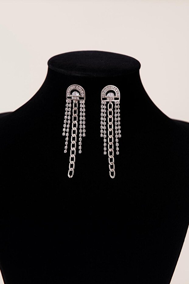 Long Drop Earrings with Chain and Stone Detail – Silver Color