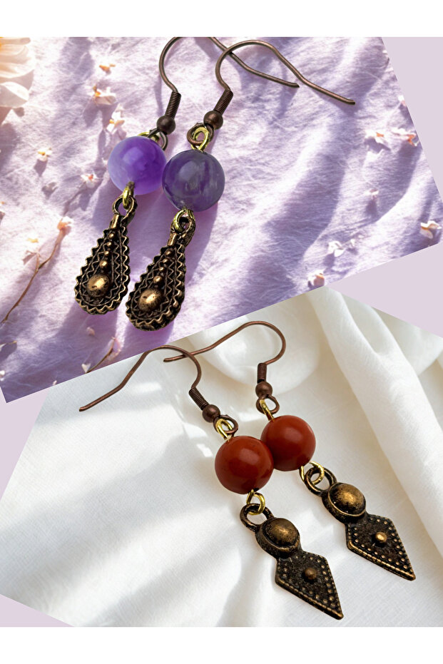 Amethyst & Jasper Natural Stone 2-Piece Earring Set - Natural Stone Bijoux Women's Earring Set