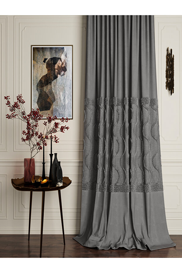 Valentino Linen Bearded Background Curtain Anthracite Gray