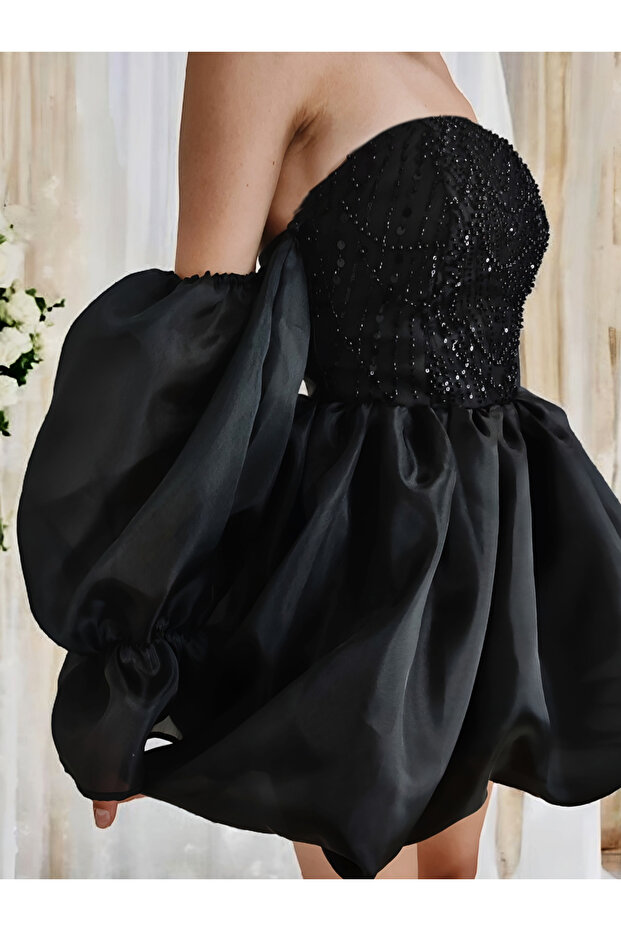 Siyah işlemeli balon etel elbise - 1