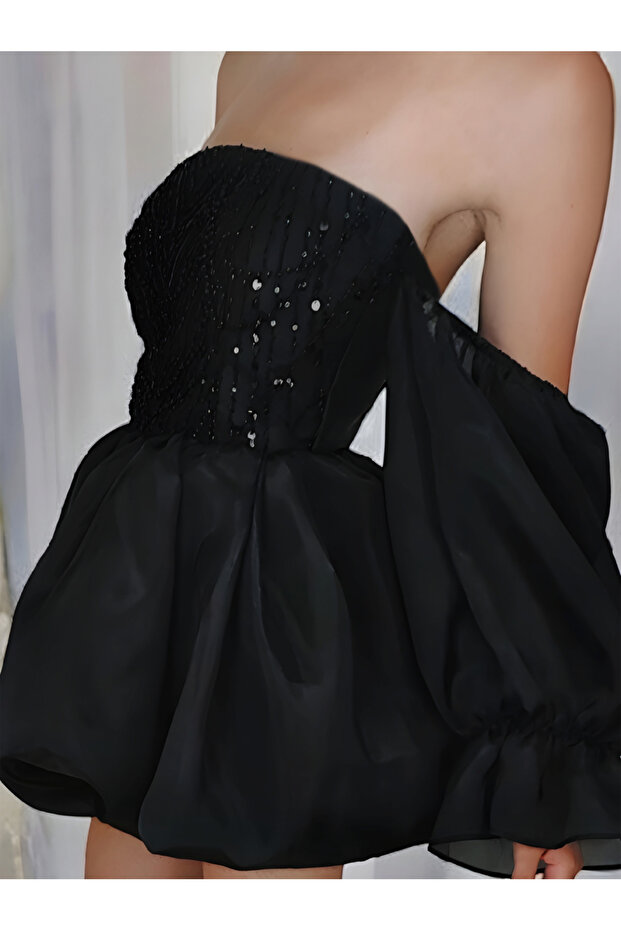 Siyah işlemeli balon etel elbise - 3