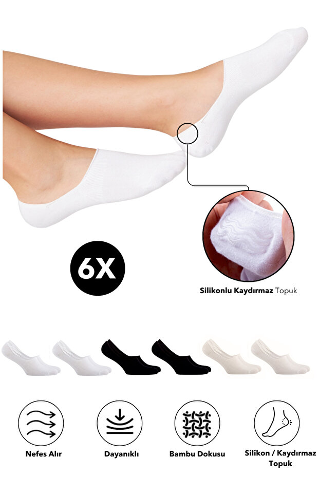 Bamboo Women's Ballerina Socks Seamless Invisible Anti-Slip Heel Silicone Premium Assortment Pack of 6