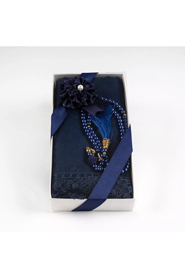 Navy Blue Lace Edged Shawl and Pearl Prayer Beads Gift Set - Stylish Boxed, Special Occasion Gift