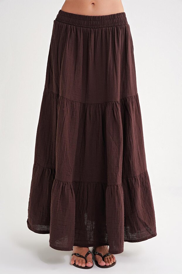 4567 Kadın Fırfırlı Uzun Müslin Etek Kahve - 4