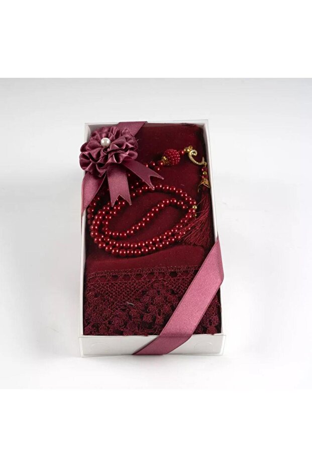 Burgundy Lace Edged Shawl and Pearl Prayer Beads Gift Set - Special Boxed, Stylish Hijab Gift