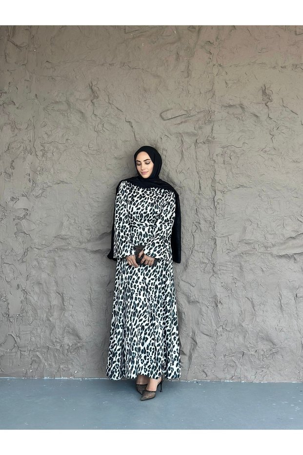 Black and White Leopard Print Satin Long Hijab Dress - Elegant Design