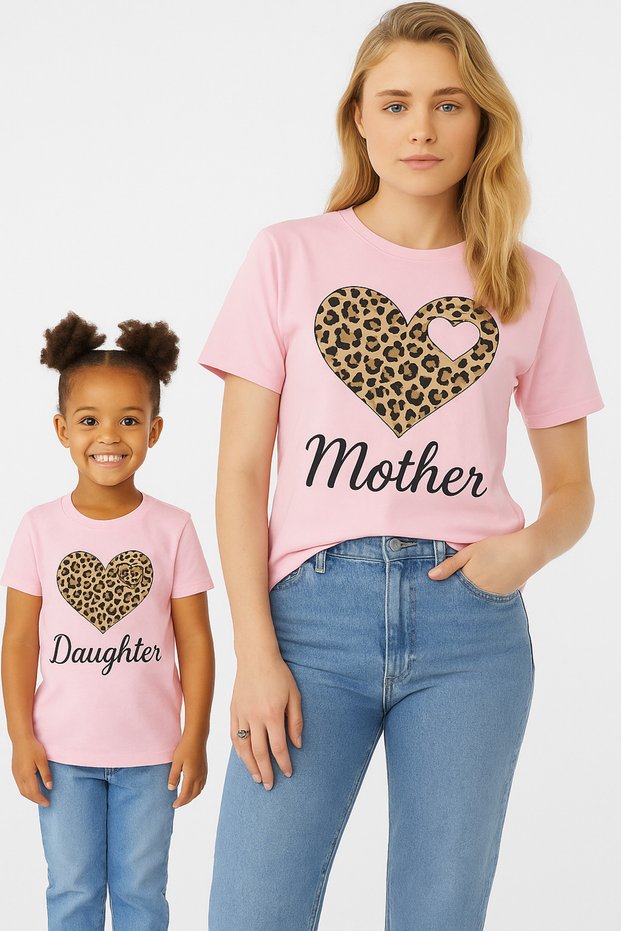 Mother Daughter Leopard Heart Mom Girl Kids Combination T-Shirt Set T-Shirt Twin (Single Price)