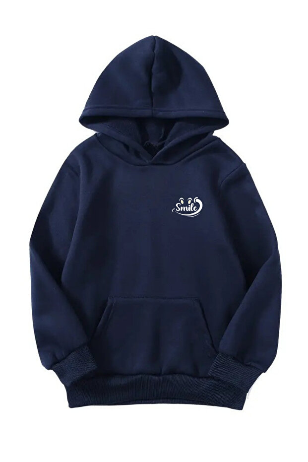 Unisex Oversize Hooded Winter Smile Minimal Printed Hooded Sweatshirt - Navy Blue