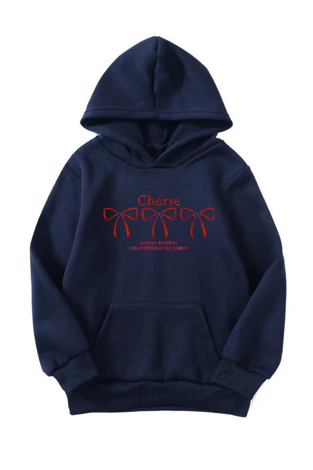 Unisex Oversize Hooded Winter Cherrie Red 3 Ribbons Printed Hooded Sweatshirt - Navy Blue