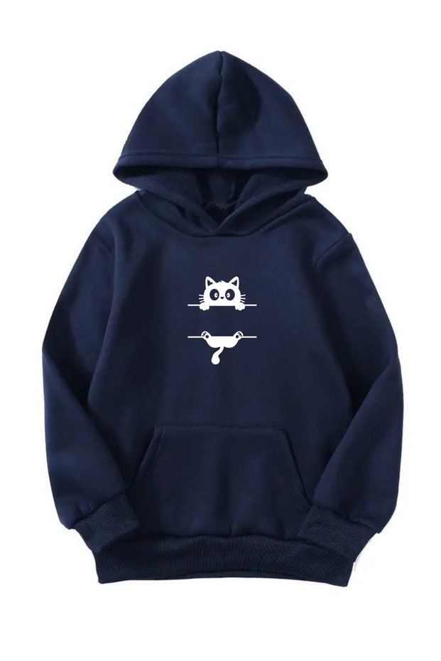 Unisex Oversize Hooded Winter White Cat Printed Hooded Sweatshirt - Navy Blue