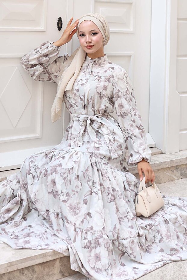 Patterned Hijab Dress Beige 584