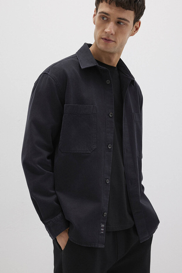 Çift Cep Siyah Erkek Gömlek M0211649-900 - 5