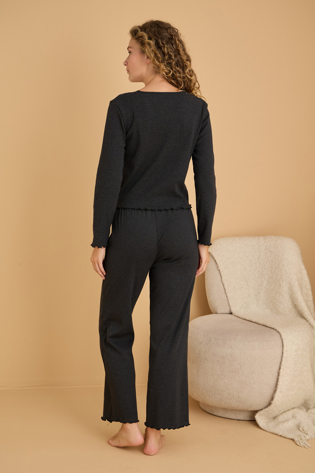 antrasit Pamuklu Dantelli Fitilli Örme Pijama Takım25226005 - 3