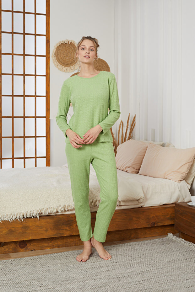 yeşil Şardonlu Kışlık Örme Pijama Takım25226002 - 2