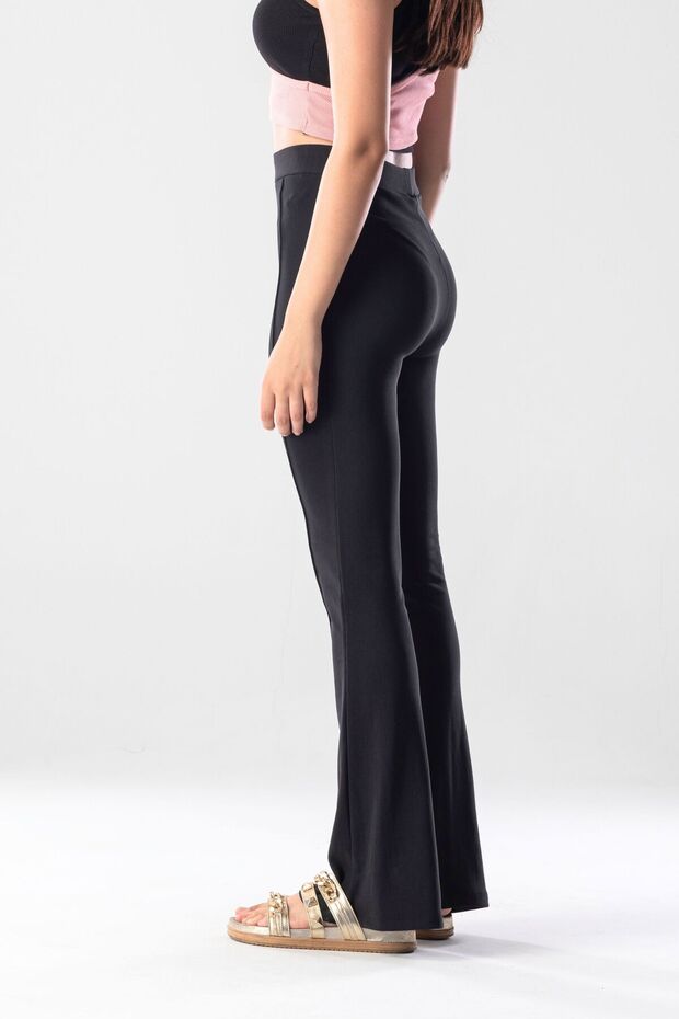 Siyah İspanyol paça Toparlayıcı Dikiş Detaylı Örme Tayt Pantolon - 9