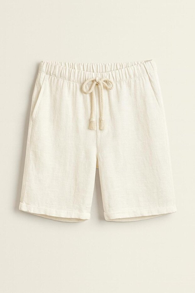 Erkek Beli Bağcıklı Relaxed Fit Keten Şort Krem Eca027 - 1