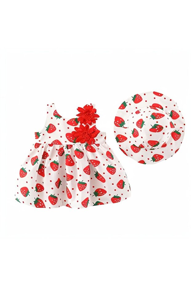 Baby Girls Sundress & Hat Set | Cotton | 12-18 Months | White & Red | Lightweight & Breathable
