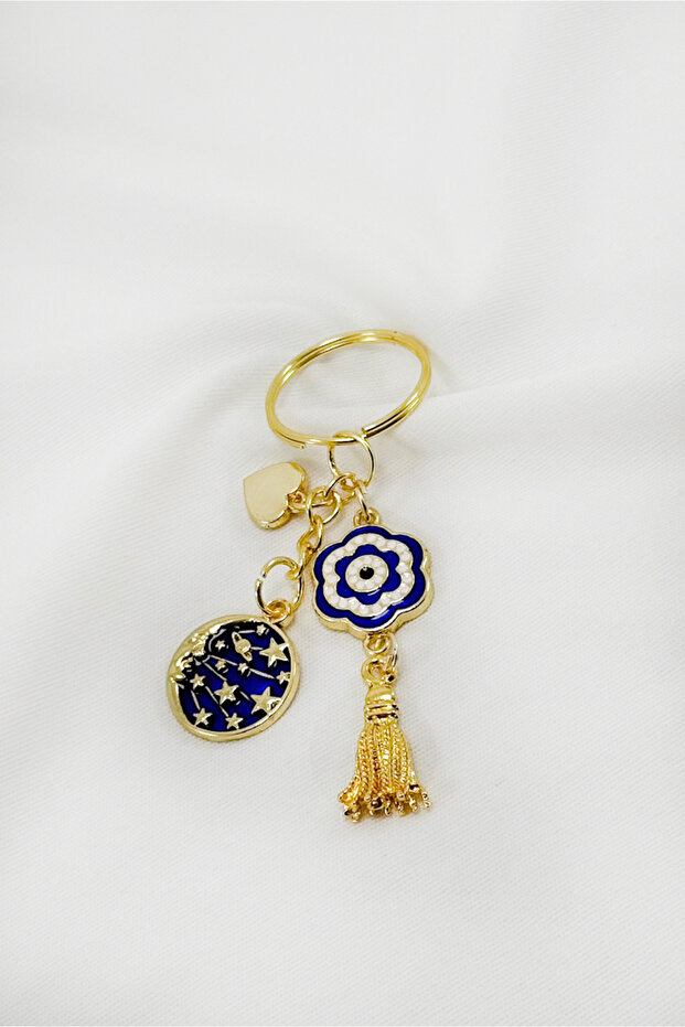 Cluster of Navy Blue Enameled Planet Flower Cluster Keychain, Gift Keychain