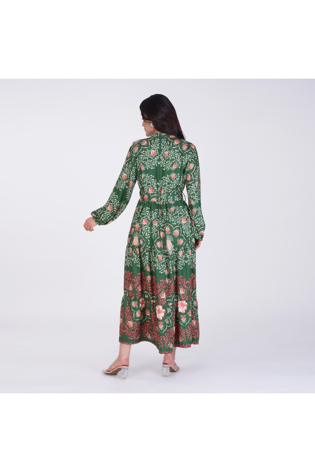 Green and Pink Printed Tiered Maxi Dress – Mandarin Collar with Elastic Cuffs