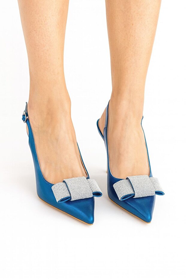Blue Heeled Women's Shoes Genuine Leather