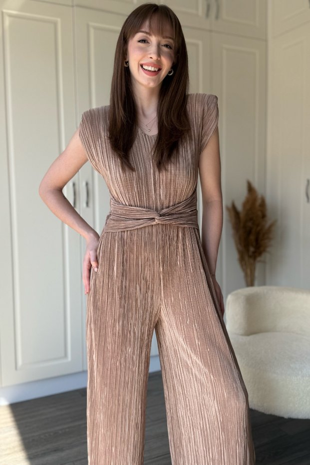Padded Waist Detailed Crinkle Pleated Wide Leg Brown Jumpsuit