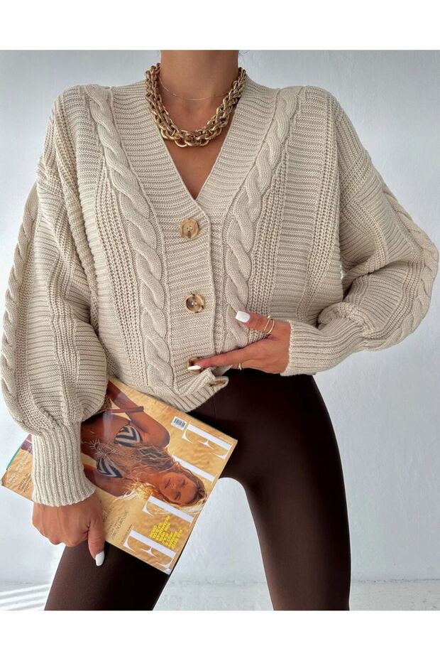 Women's Hair Knitted Patterned Knitwear Cardigan 4 Button Knitwear Cardigan