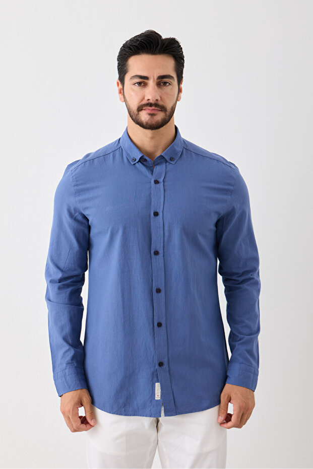 Long Sleeve 100% Cotton Slim Fit Men's Shirt - Button-Down, Linen Look, Cool-Keeping, Non-Pulling Fabric