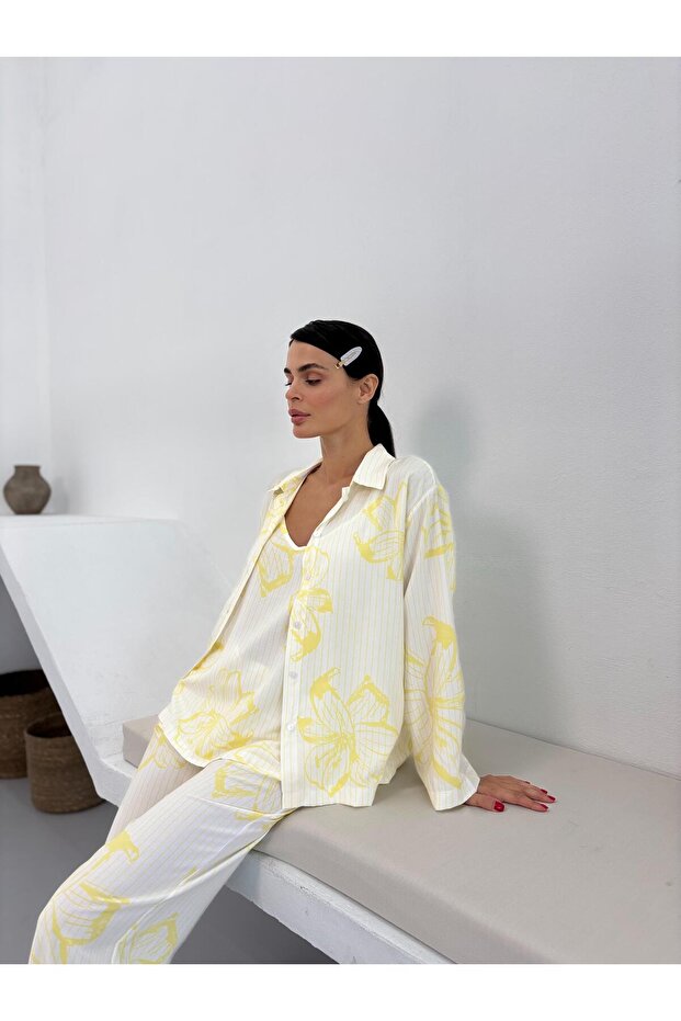 قميص داخلي قطني بنمط زهرة صفراء وحزام قابل للتعديل - 3