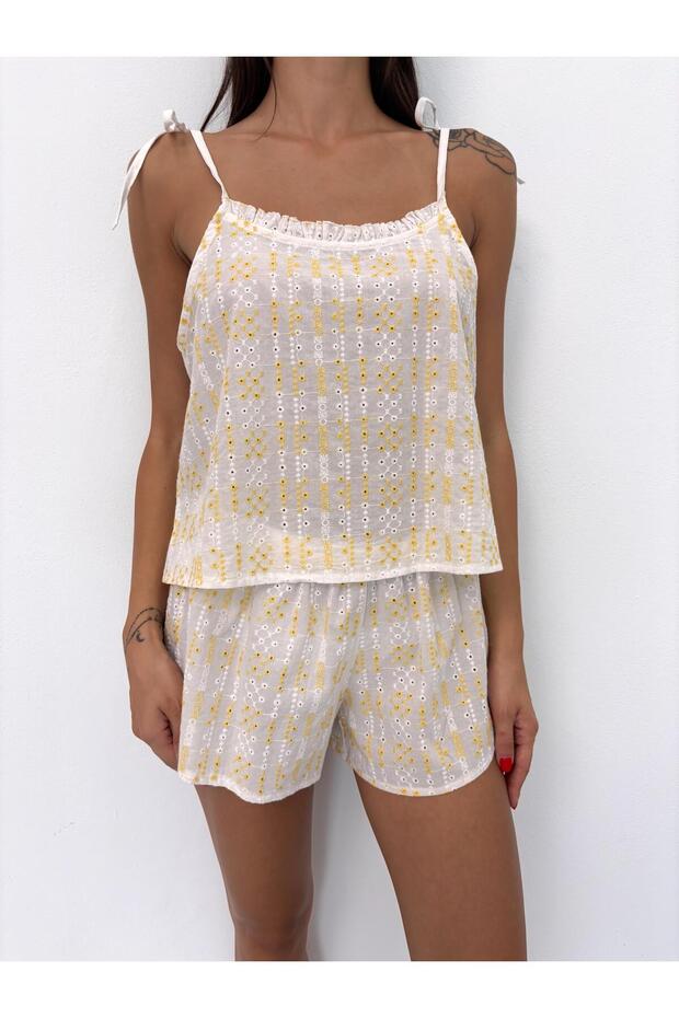 Askısı Ayarlanabilir Şortlu Sarı Fisto Pijama Takımı - 8