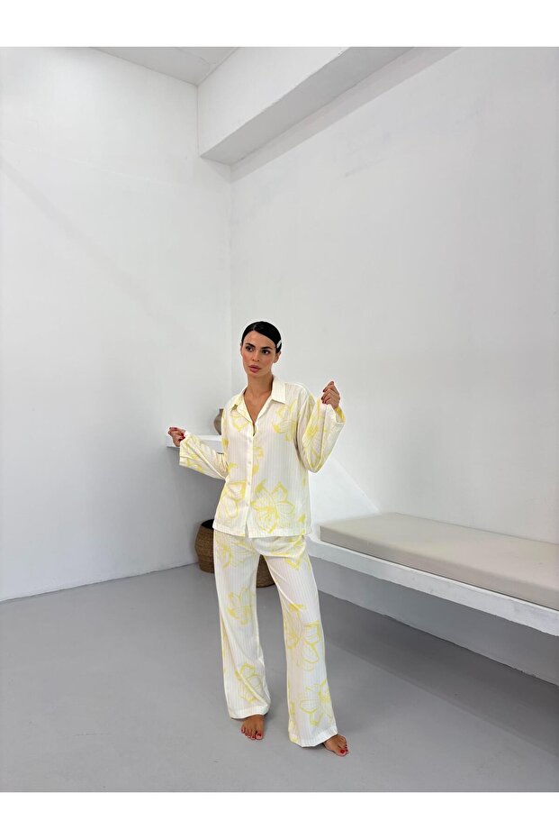 Sarı Çiçek Desen Pamuklu Gömlek Pijama Takımı - 1