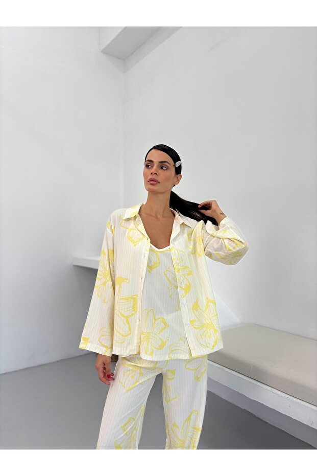 قميص داخلي قطني بنمط زهرة صفراء وحزام قابل للتعديل - 5