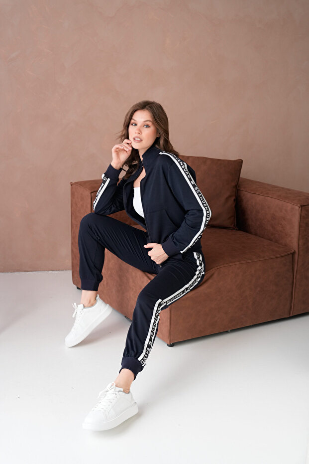 Zippered Striped Judge Collar Tracksuit Set