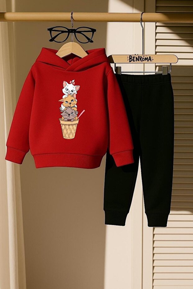 3-Ply Children's Tracksuit Set with Cat Print
