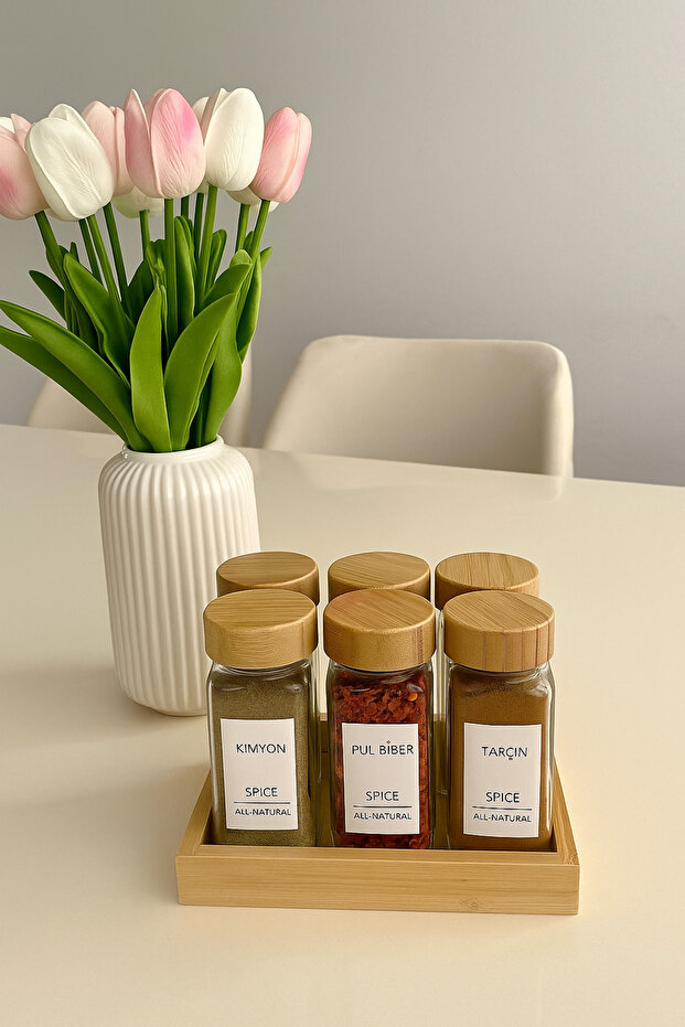 Glass Square Form Spice Rack Set with 6 Stands, Bamboo Lid and Label, Spice Rack Set with Spreader Head - 1