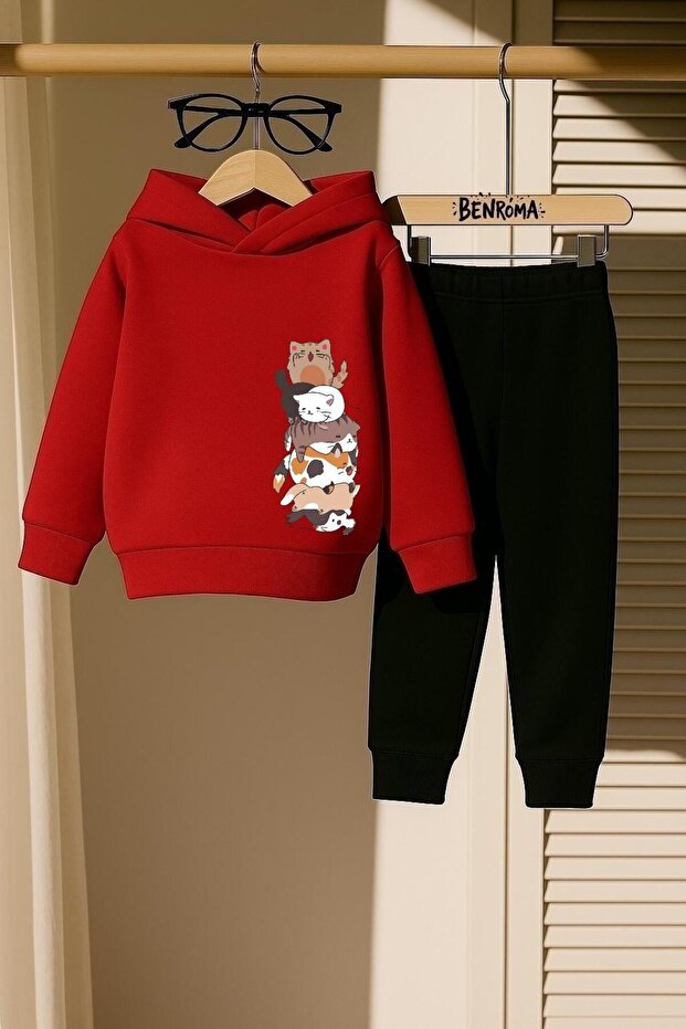 Cats Overlap Printed 3 Thread Children's Tracksuit Set