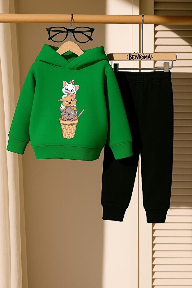 3-Ply Children's Tracksuit Set with Cat Print