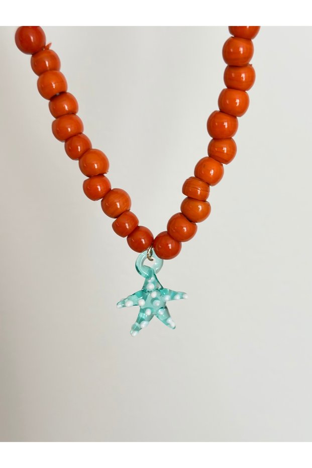 Orange Murano Glass Starfish Detailed Orange Glass Basement Bead Necklace