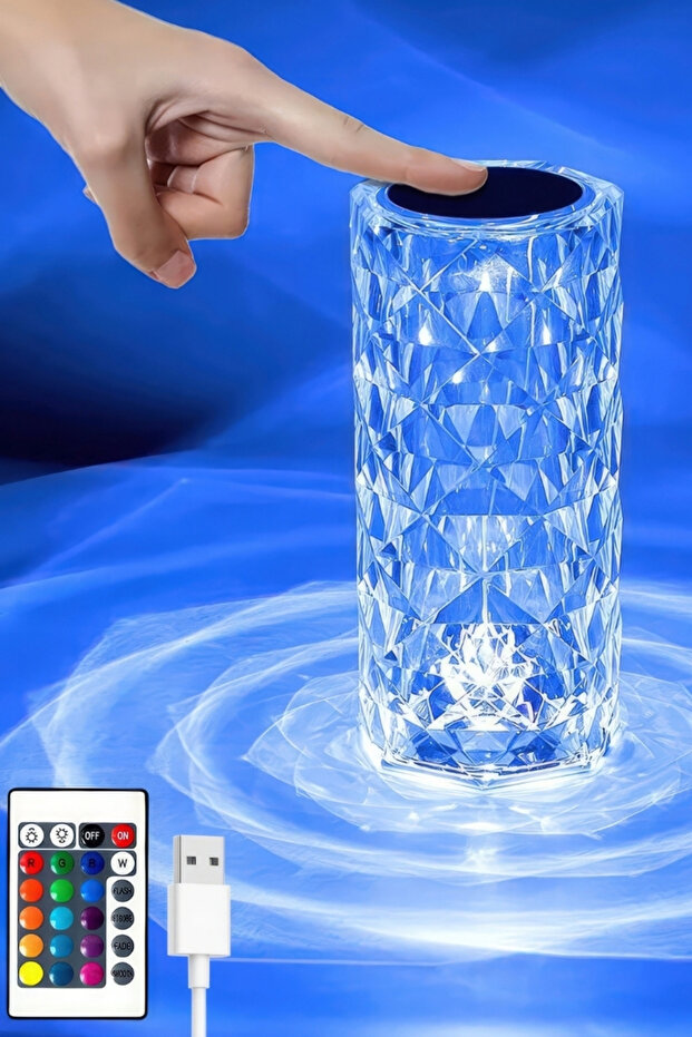 ALFAGİFT Dokunmatik Kristal LED RGB Masa Lambası-Uzaktan Kumandalı Yılbaşı Dekorasyon Lambası-USB Şarjlı