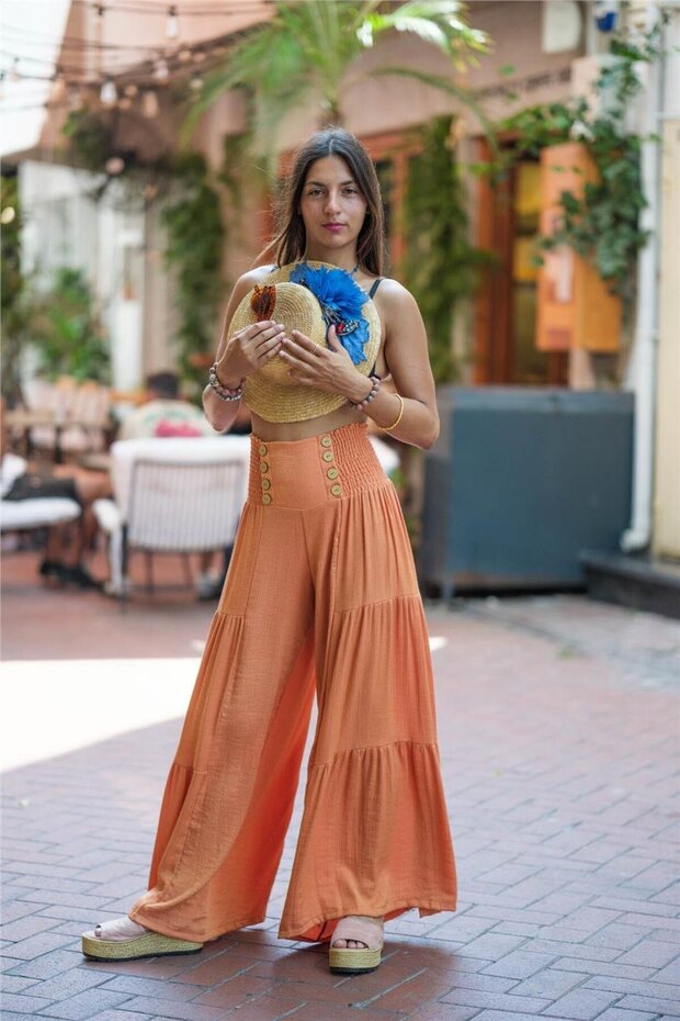 Orange Color Glitter and Button Detailed Bohemian Trousers