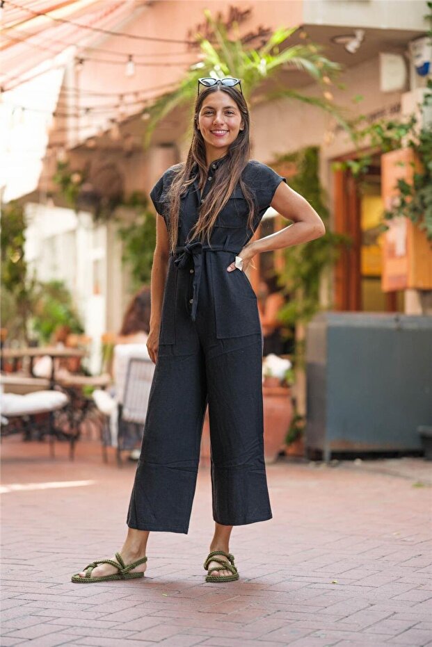Black Color Half Button Linen Jumpsuit with Pocket Detail
