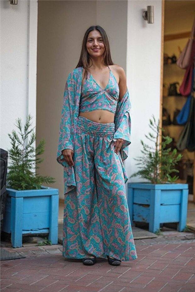 Turquoise Color Silk Pants Crop Kimono Triple Set