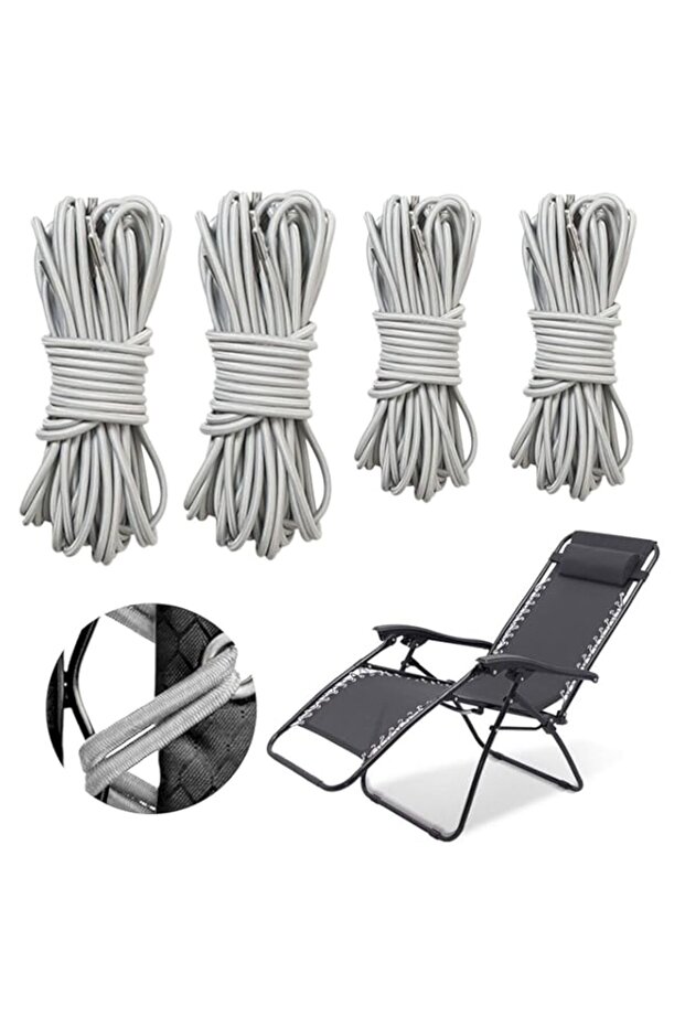 4 Pack Universal Replacement Elastic Cords, Elastic Tying Ropes for Install Folding Chairs, Zero Gravity Chairs, Sun Loungers, and Garden Chairs, Lounge Chair Accessories, Grey