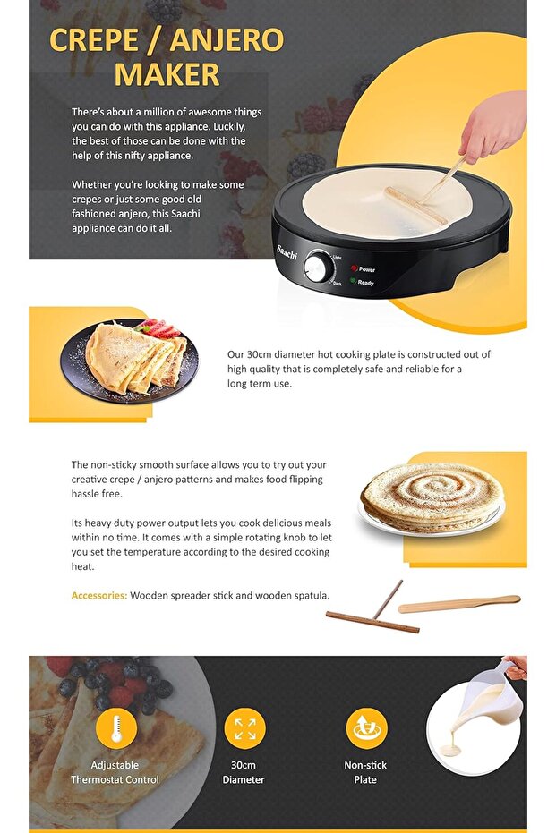 Multi-Use Crepe Maker with 30 cm Non-Stick Surface, Adjustable Temperature Control, Power and Ready - 7