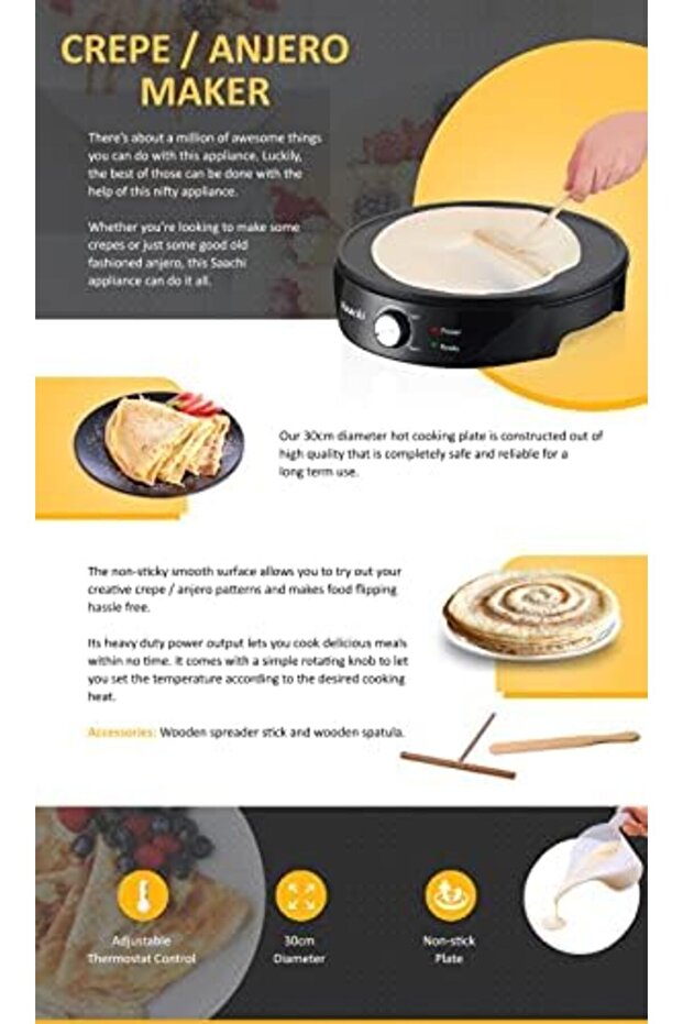 Multi-Use Crepe Maker with 30 cm Non-Stick Surface, Adjustable Temperature Control, Power and Ready - 8