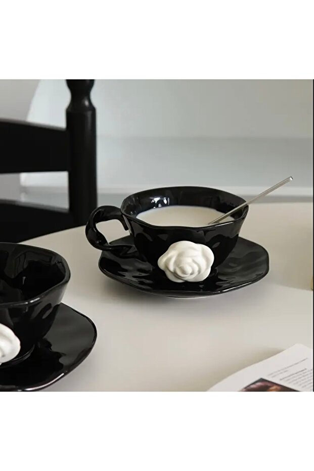1 Adet Fransız Retro Seramik Çay/Kahve Fincanı ve Tabak seti - Siyah - 4