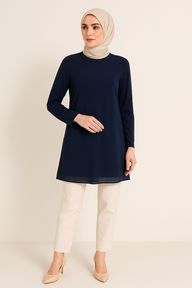 Tunic Blouse Long Sleeve with Chiffon Detail on the Front Puane Navy Blue